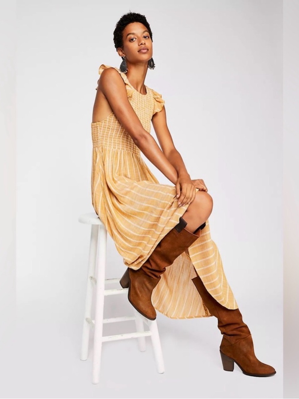 Free People Yellow Stripe Ruffle-Sleeve Midi Dress